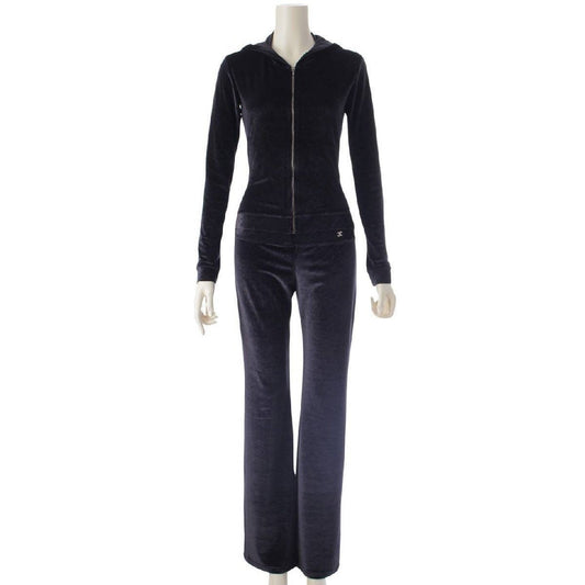 CHANEL 05C Velour Track Suit Pants Set Top Y2K Black 38