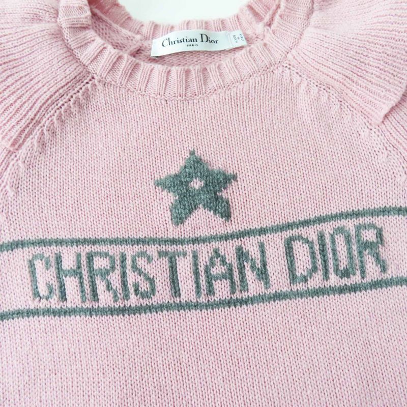 Christian DIOR 344s13bm003 100% Cashmere Frilled Short Sleeve Knit Pink Gray