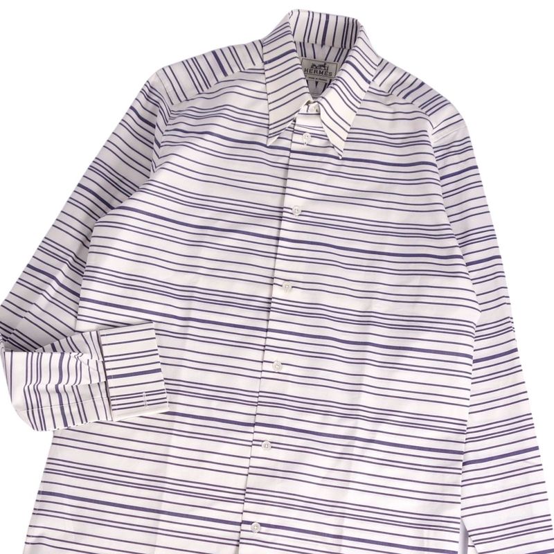 Hermes Shirt Snap Down Collar Striped Long Sleeves Cot