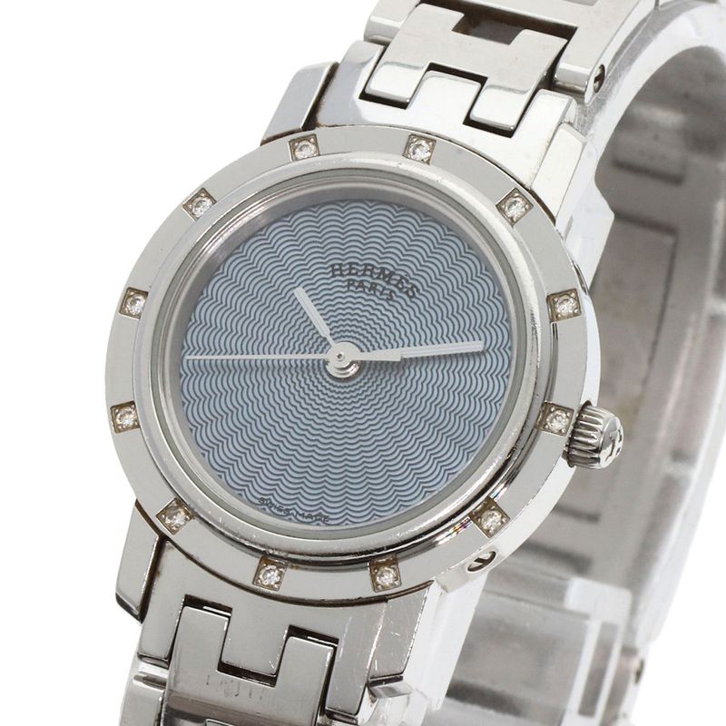 Hermes Cl4230 Clipper Na Cles 12P Diamond Bezel Wristwatch SS Ladies