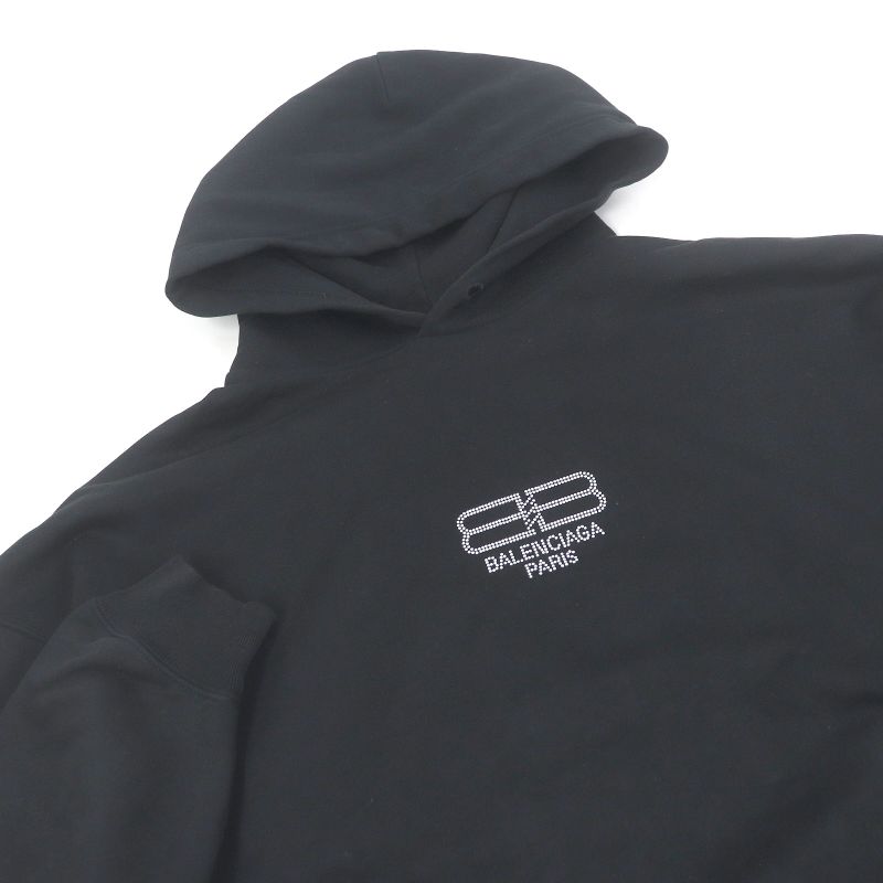 Balenciaga 22AW 578135 100% Cotton BB Logo Rhinestone Pullover Hoodie Black XS