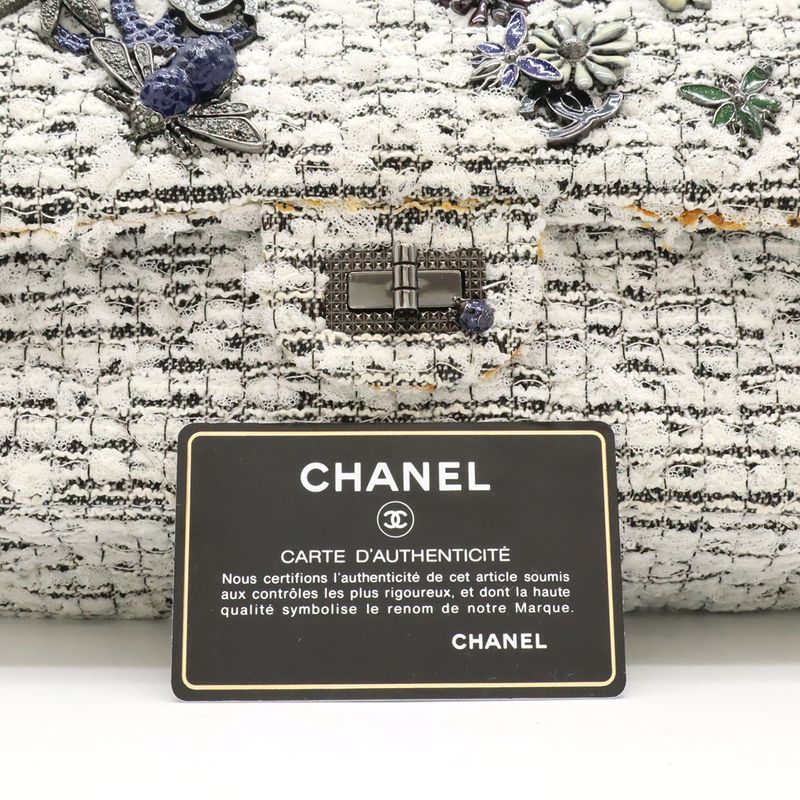 Chanel 255 Tweed W Flap Chain Bag Shoulder Bag Flower Motif Leather White Black