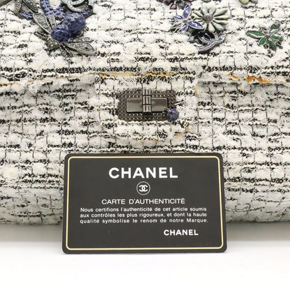 Chanel 255 Tweed W Flap Chain Bag Shoulder Bag Flower Motif Leather White Black