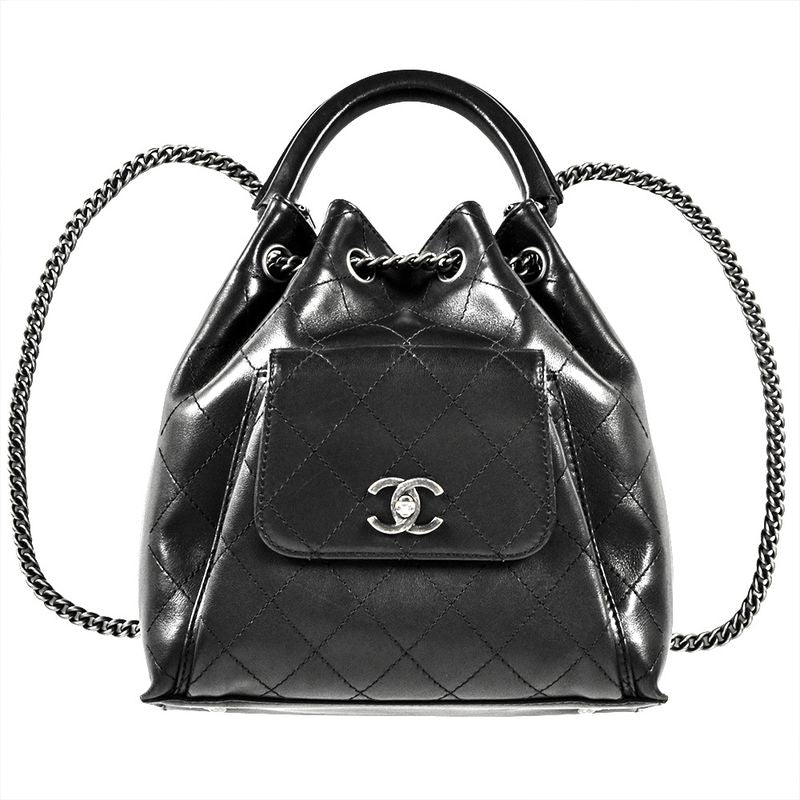 Chanel Matelasse Backpack Black Silver Hardware Drawstring Coco Mark