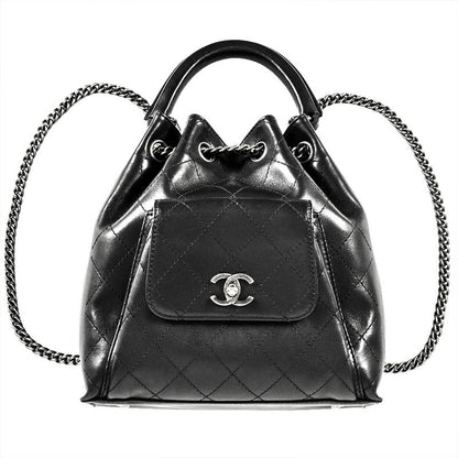 Chanel Matelasse Backpack Black Silver Hardware Drawstring Coco Mark