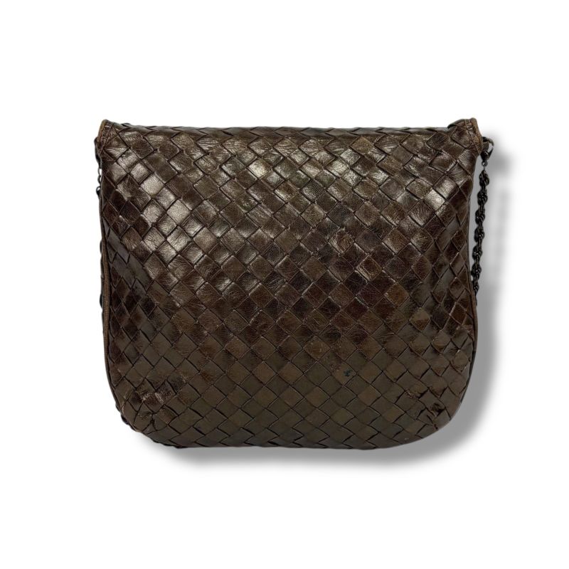 Bottega Veneta Chain Shoulder Bag Pochette Intrecciato Leather Brown Gold