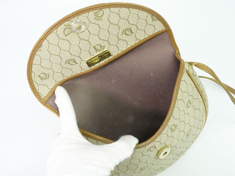 Authentic Christian DIOR Honeycomb Pattern Shoulder Bag Pochette PVC Beige Bag