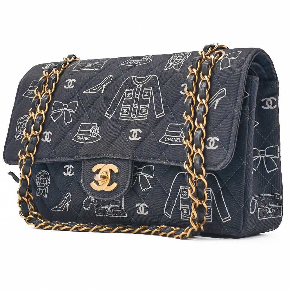 Chanel Matelasse W Flap 25 Icon Print Chain Shoulder Canvas Bicolor Black With