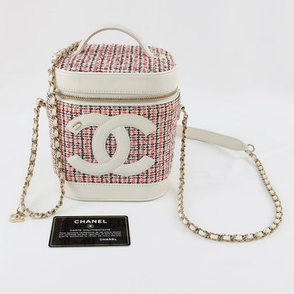 Chanel Vanity Case Chain Shoulder Coco Mark Tweed White Gold Hardware