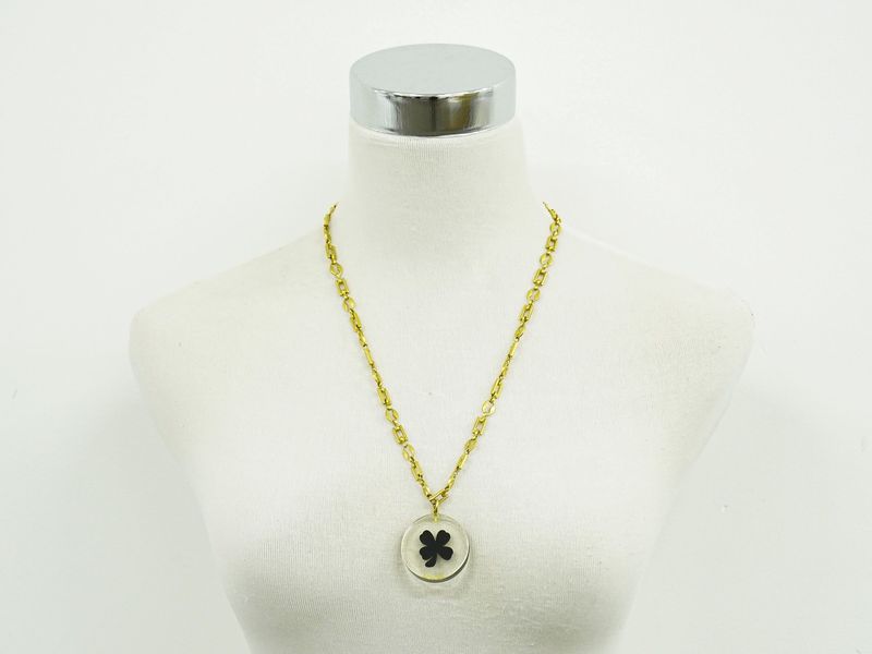 Authentic Chanel Clover Necklace Pendant Plastic GP Gold Plated Clear Black