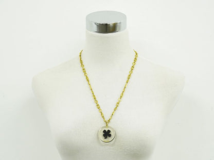 Authentic Chanel Clover Necklace Pendant Plastic GP Gold Plated Clear Black