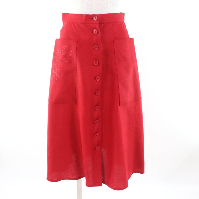 Hermes 100% Linen Front Button Flared Skirt With Caleche Embroidery Red 38 Made