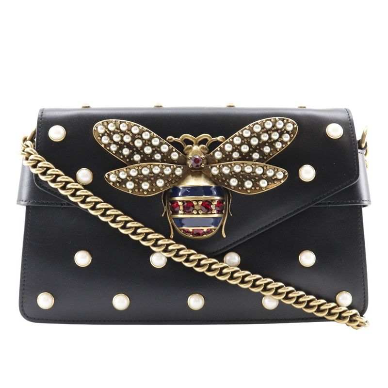 Gucci Broadway Chain Shoulder Pearl & Bee 453778 Calf Black Ladies Shoulder Bag