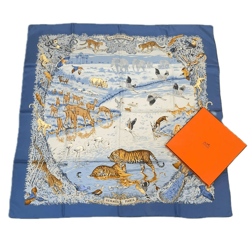 Grade Rare Hermes Carre 90 LA Treve DE L EAU Water Truce Blue 100% Silk Scarf