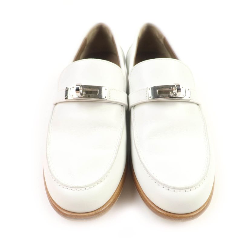 Hermes Moccasin Destin Silver Hardware Leather Loafer With Kelly Buckle White