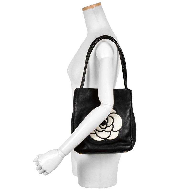 Chanel Camellia Tote Bag Lambskin Black White Logo