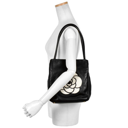 Chanel Camellia Tote Bag Lambskin Black White Logo