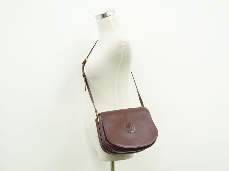Authentic Cartier Must Line Shoulder Bag Pochette Leather Bordeaux Must Line
