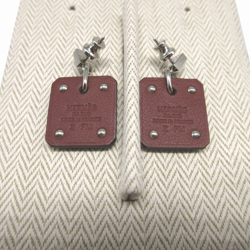 Hermes Asdecourt Z Engraved (2021) Heart Leather Metal Brown Silver Earrings