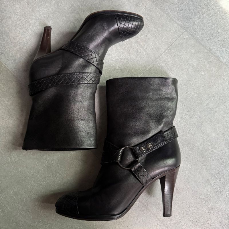 Chanel Matelasse Leather Belt Boots Coco Mark Medium Length Black 37c 24cm