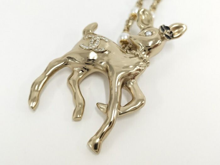 Chanel Necklace Bambi Rhinestone Faux Pearl Gold Plated