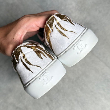 Chanel Coco Mark Leather White Gold Floral Slip on White Women's Branded Shoes