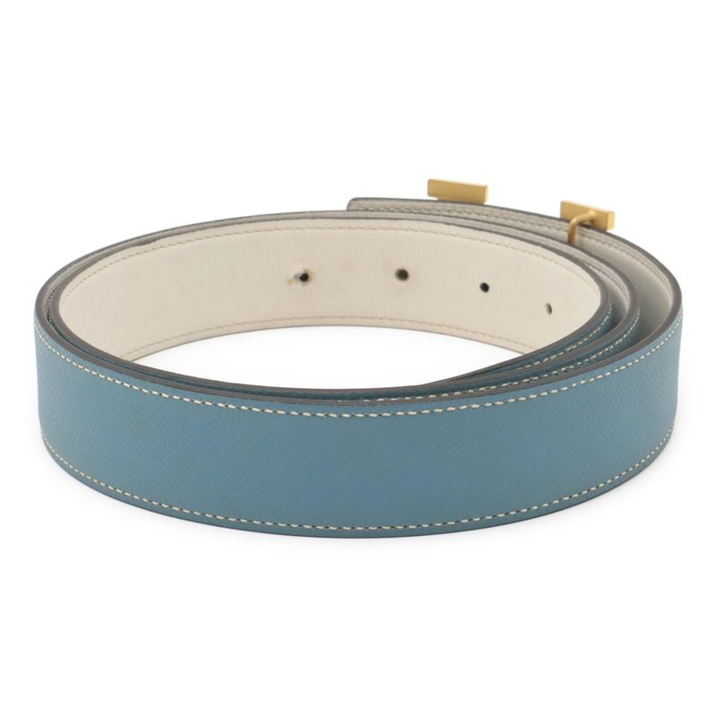 Hermes H Belt H Buckle Reversible Togo Leather Blue Jean Light Blue White Gold