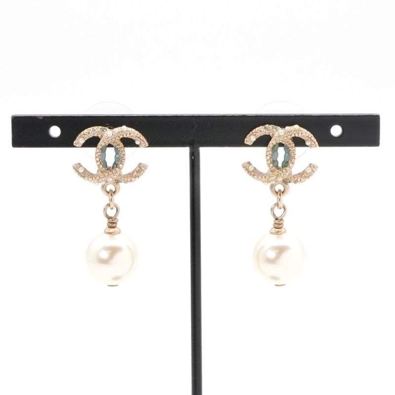 Chanel Earrings Coco Mark Rhinestone Pearl Gold