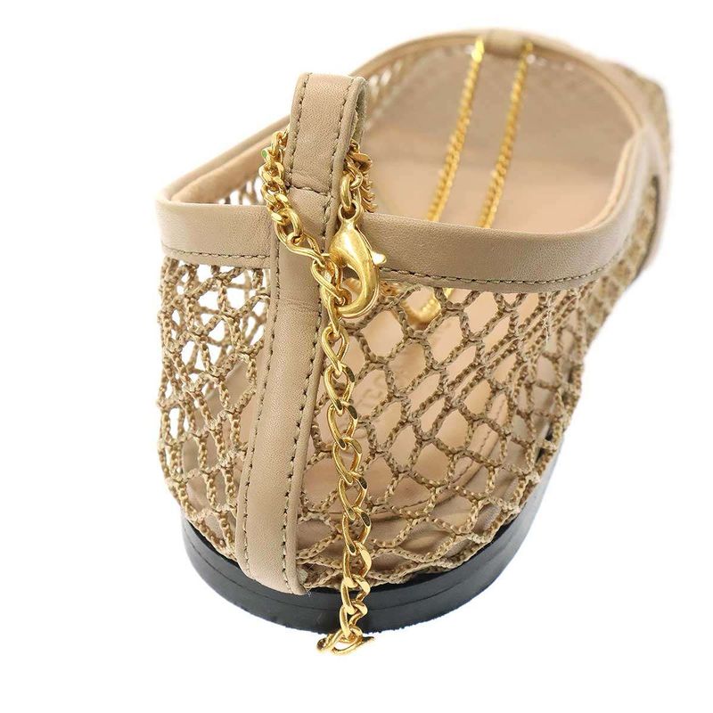 Bottega Veneta Stretch Ballerina Square Toe Mesh Chain Flat Shoes Beige 34 1 2