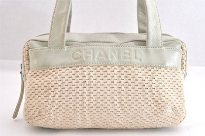 Chanel Vintage Knit Calfskin Shoulder Boston Bag Purse Beige 2545n