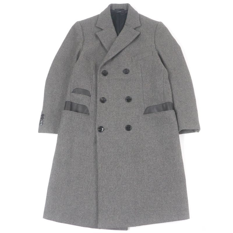 Hermes Super 100s Wool Partially Lamb Leather Double Breasted Chester Coat Gray