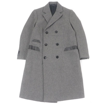 Hermes Super 100s Wool Partially Lamb Leather Double Breasted Chester Coat Gray