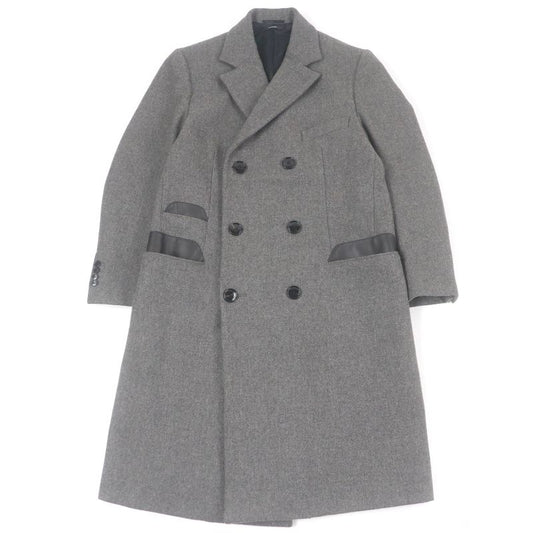 Hermes Super 100s Wool Partially Lamb Leather Double Breasted Chester Coat Gray