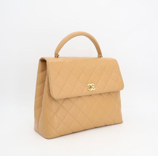 Chanel Matelasse Kelly Shape Top Handle Bag Handbag No 6 Caviar Skin Beige