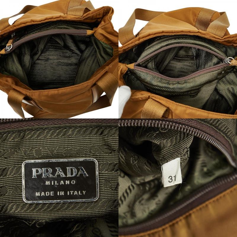 Plat Da Triangle Logo Plate Tote Shoulder Bag Brown Nylon Leather Women Prada