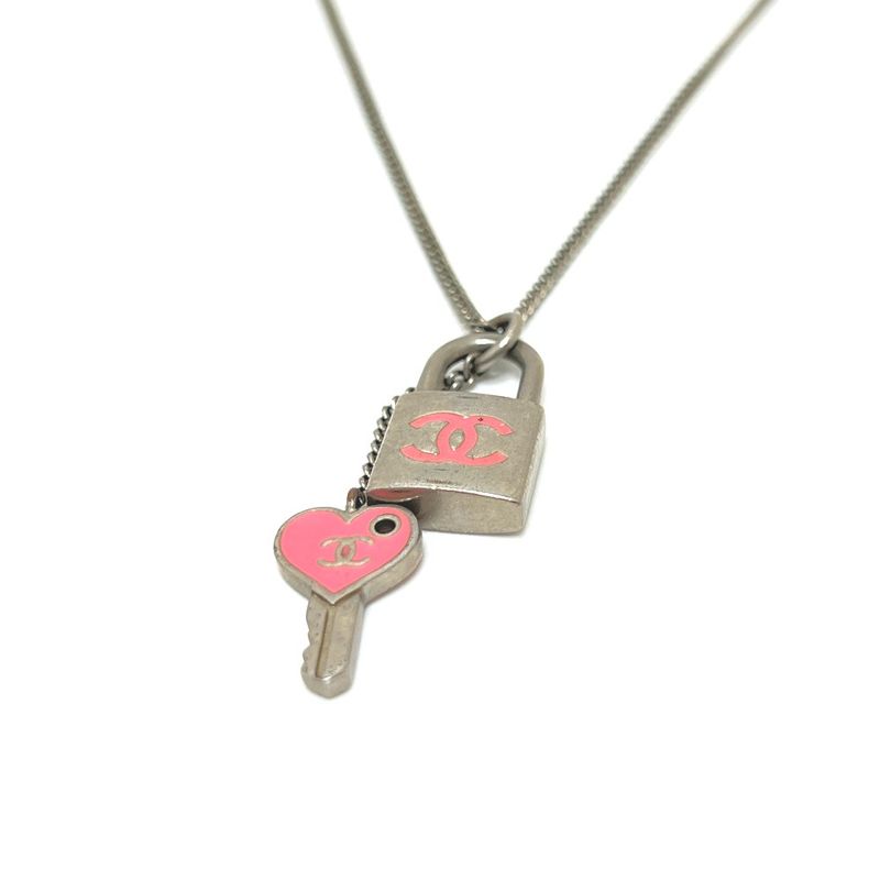 Chanel Necklace Coco Mark Padlock Cadenna Heart Key Metal Silver