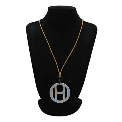 Hermes Necklace H Equipe Nautique Buffalo Horn Leather Lacquer Sesame and Blue