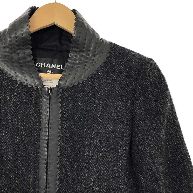 Chanel - Wool Herringbone Tweed Lamb Skin Trimmed Lined Silk Zip Up Coat - 36 -