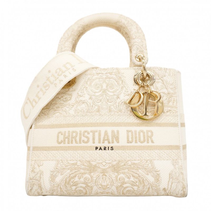 Christian Dior Handbag Lady Dior Dee Lite Canvas White Gold Chien Pan Gold