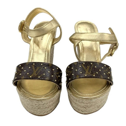 Louis Vuitton Starboard Line Monogram Sandals Shoes Leather Gold Brown Wedge