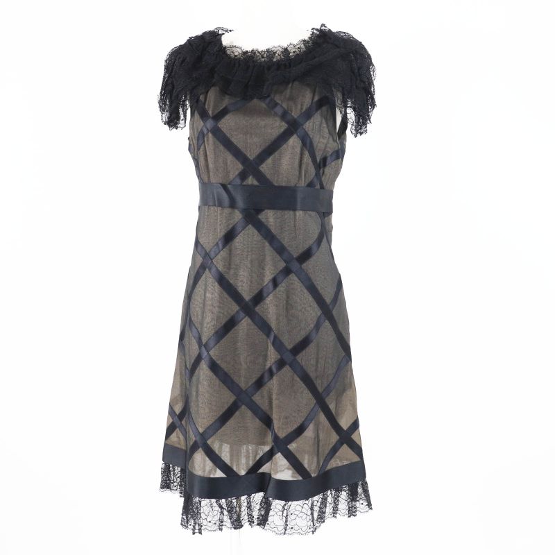 CHANEL Vintage 07P P30570 100% Silk Lace Dress With Coco Mark Black Beige 38