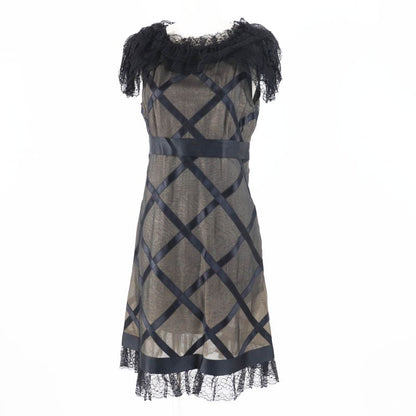 CHANEL Vintage 07P P30570 100% Silk Lace Dress With Coco Mark Black Beige 38
