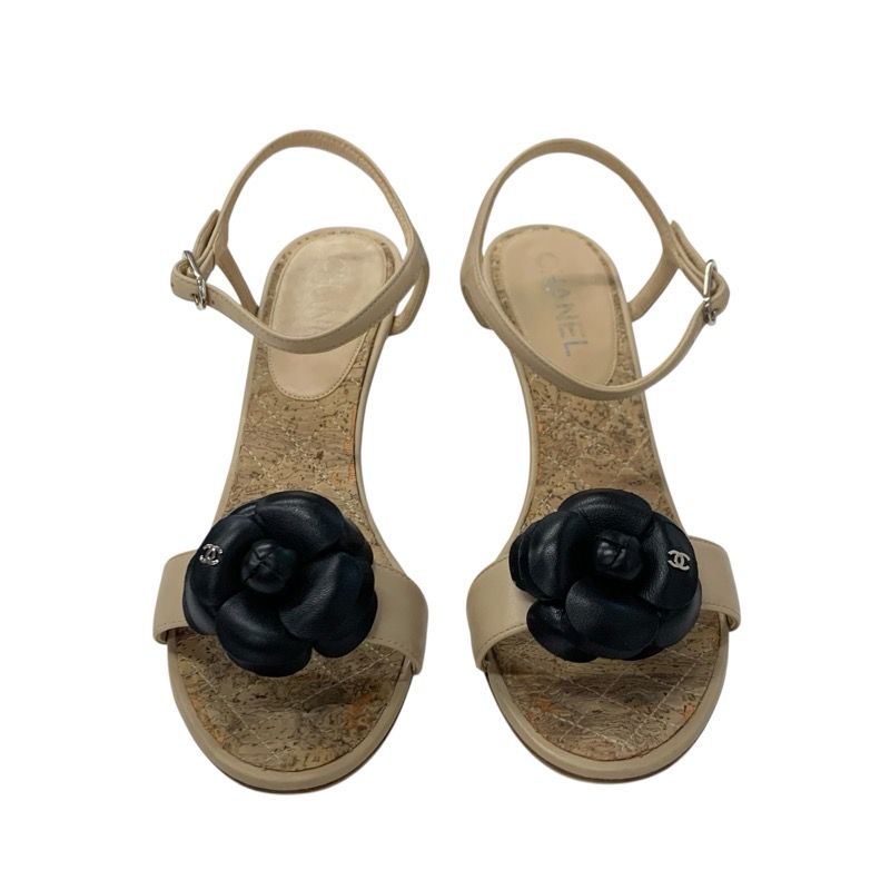 Chanel Sandals Shoes Leather Beige Black Coco Mark Camellia Matelasse Strap