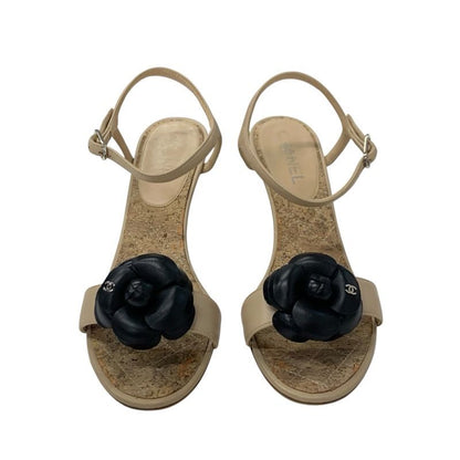 Chanel Sandals Shoes Leather Beige Black Coco Mark Camellia Matelasse Strap