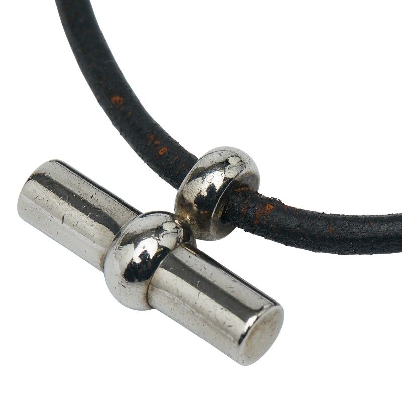 Hermes Glenan Necklace Choker Silver Black Metal Leather Women Hermes