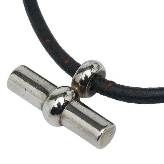 Hermes Glenan Necklace Choker Silver Black Metal Leather Women Hermes