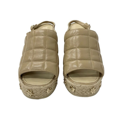 Chanel Sandals Shoes Leather Beige Gold Strap Chocolate Bar Coco Mark Icon