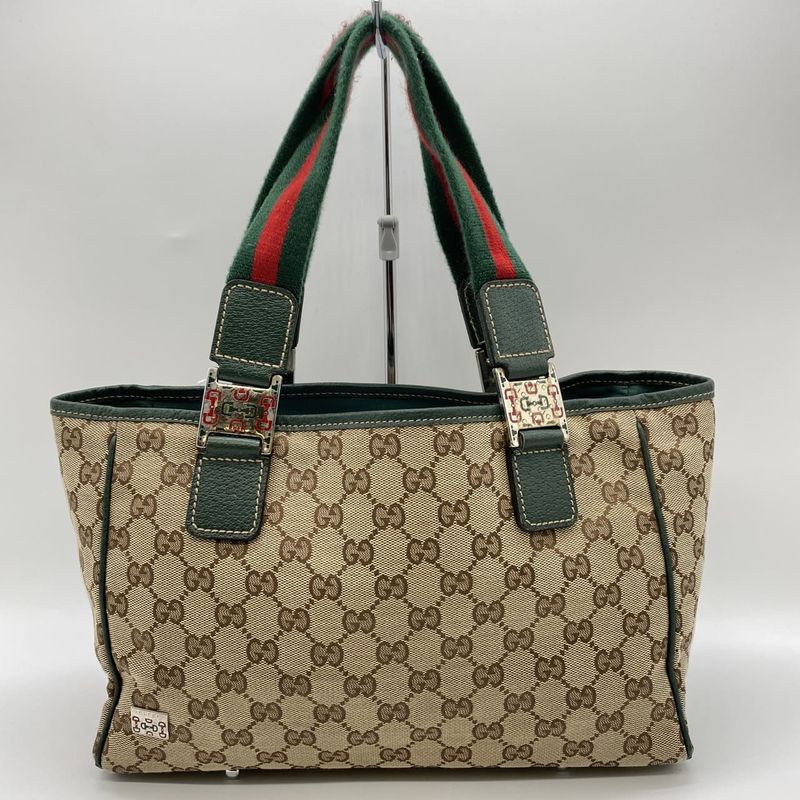 Gucci 145810 Tote Bag Sherry Line GG Canvas Leather Beige Ladies Men Vintage