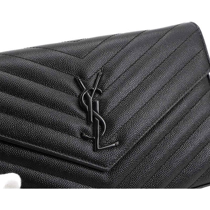 Saint Laurent Cassandra Chain Wallet Long Wallet Leather Black 377828 Silver