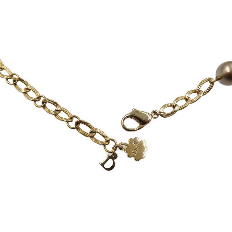Christian Dior Pearl Chain Metal Faux Pearl Gold White Brown Necklace 0088